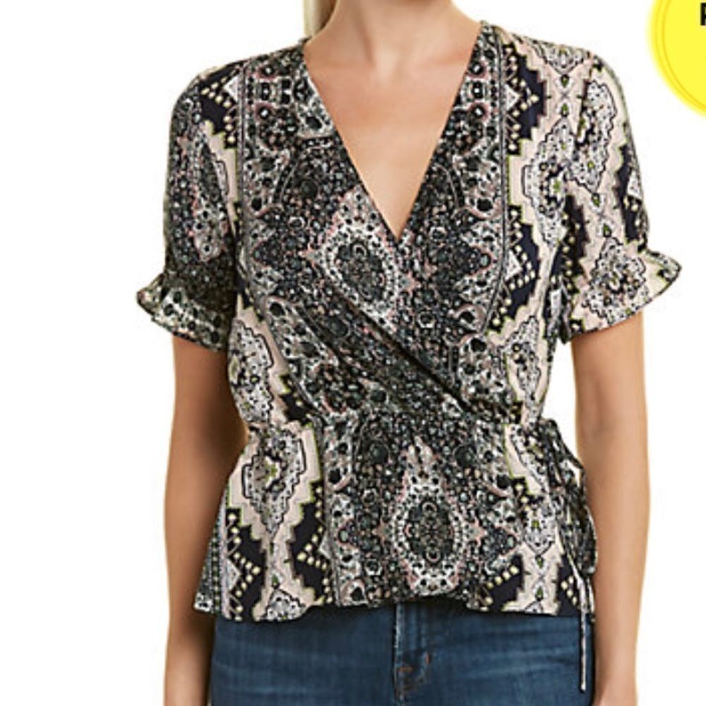 Cupcakes & Cashmere Kabr Faux Wrap V-Neck Paisley Pink/Blue Women Blouse Sz M